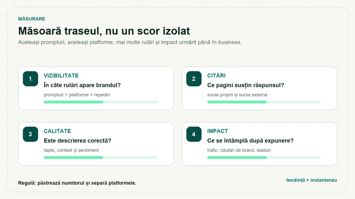 Patru indicatori de măsurare cu bare de progres: vizibilitate, citări, calitate și impact, fiecare cu întrebarea de verificat și sursele datelor; jos, regula de a păstra numitorul și de a separa platformele.
