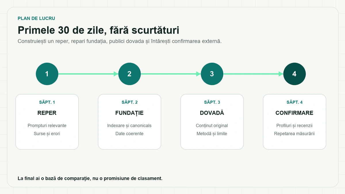 Cronologie pe patru săptămâni, numerotată și legată cu săgeți: reper, fundație, dovadă și confirmare, fiecare cu două sarcini; nota finală precizează că rezultatul e o bază de comparație, nu un clasament.