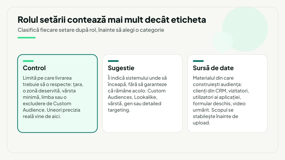 Trei roluri ale unei setări de audiență Meta puse în paralel: controlul care impune o limită, sugestia care arată sistemului unde să înceapă și sursa de date din care se construiește audiența.