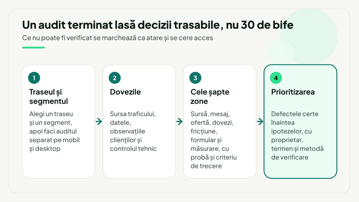 Patru pași ai unui audit de conversie, în ordine: alegerea traseului și a segmentului, strângerea dovezilor, parcurgerea celor șapte zone cu probă și criteriu de trecere, apoi prioritizarea defectelor certe.