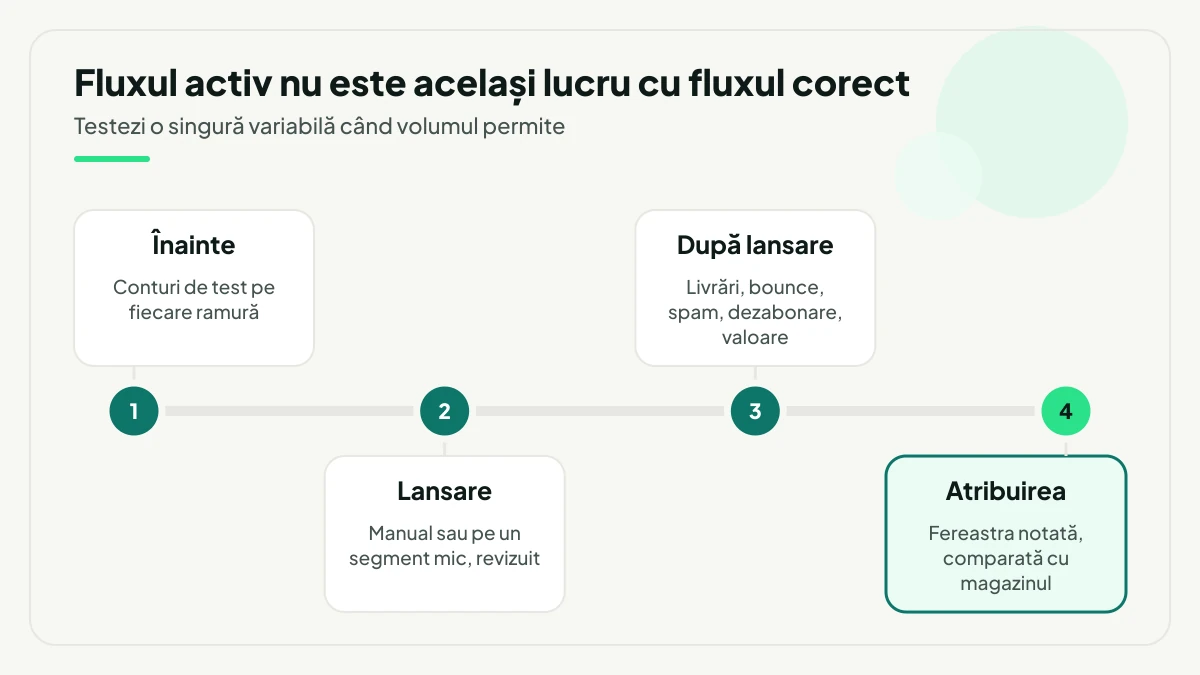 Cronologie în patru etape pentru controlul calității unei automatizări: conturi de test înainte de lansare, lansare pe un segment mic, indicatorii urmăriți după lansare și verificarea ferestrei de atribuire.