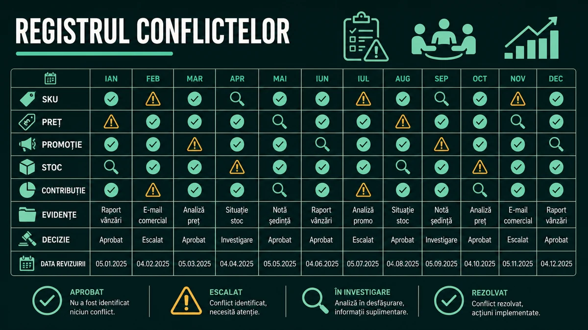 Registru lunar al conflictelor de preț, promoție și contribuție dintre canale