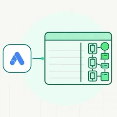 Logoul Google Ads la mijloc, înconjurat de patru fișe de cont cu câte trei rânduri și o pastilă verde cu simbolul dolarului în colț, pe fundal cu simboluri de dolar estompate