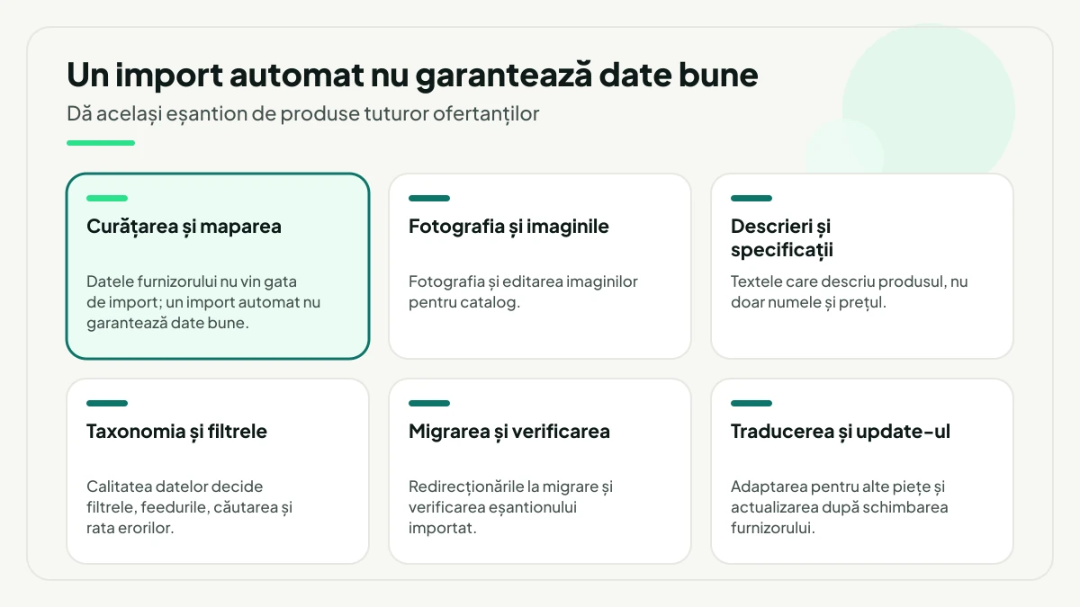 Șase linii de cost estimate separat pentru catalog: curățarea și maparea datelor, evidențiată, apoi fotografia, descrierile, taxonomia și filtrele, migrarea cu verificarea eșantionului și traducerea cu actualizarea.