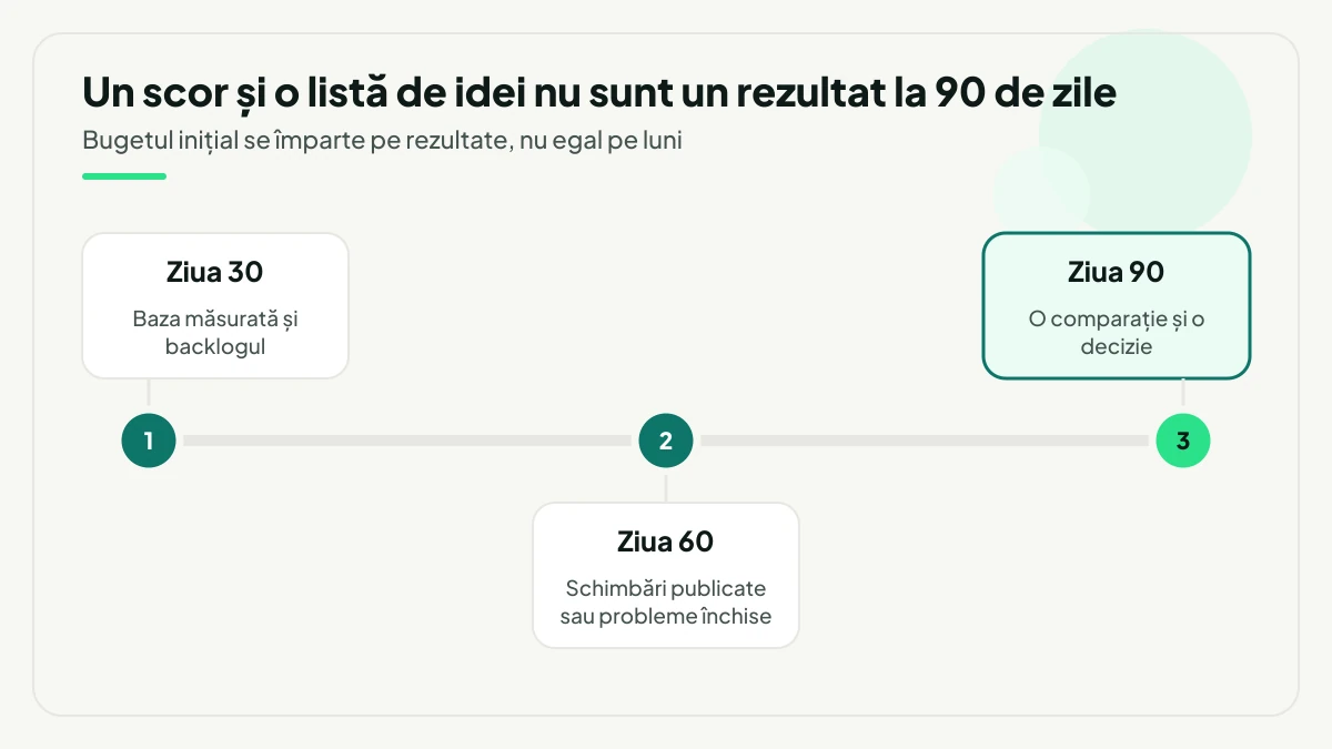 Cronologie pe 90 de zile pentru un buget AI SEO: la ziua 30 baza măsurată și backlogul, la ziua 60 schimbări publicate sau probleme tehnice închise, la ziua 90 o comparație și o decizie.