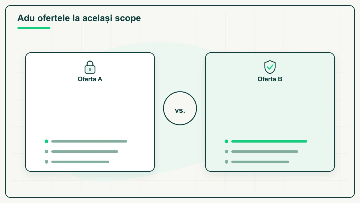 Adu ofertele la același scope — două carduri față în față, Oferta A cu lacăt și Oferta B cu scut bifat, despărțite de un cerc cu „vs.”