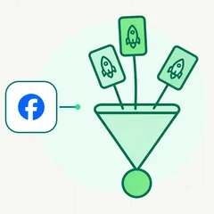 Șase casete cu simbolul dolarului înșirate pe aceeași linie, deasupra logoului Meta Ads Manager, pe fundal cu siglele Meta, Facebook și Instagram estompate