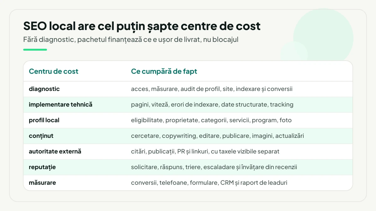 Tabel cu cele șapte centre de cost ale unui buget de SEO local și ce cumpără fiecare: diagnostic, implementare tehnică, profil local, conținut, autoritate externă, reputație și măsurare.
