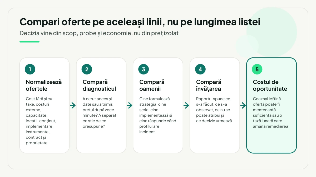 Cinci pași pentru compararea a trei oferte de SEO local, în ordine: normalizarea ofertelor într-un tabel comun, compararea diagnosticului, a oamenilor, a mecanismului de învățare și, la final, a costului de oportunitate.