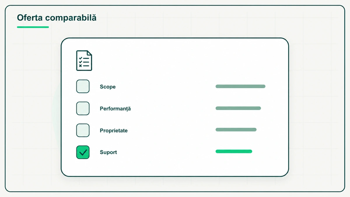Sub titlul „Oferta comparabilă”, o listă cu patru casete de bifat — „Scope”, „Performanță”, „Proprietate”, „Suport” — dintre care doar ultima e bifată verde