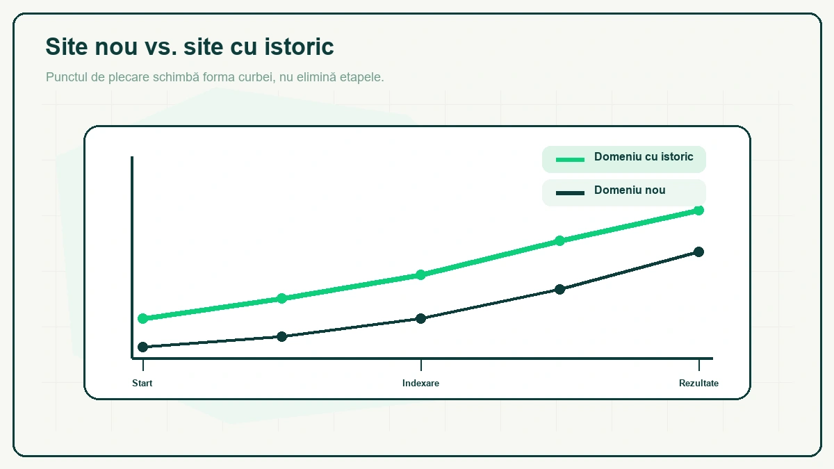 Grafic cu două curbe ascendente pe aceleași repere de pe axa orizontală — Start, Indexare, Rezultate: linia verde, „Domeniu cu istoric", pornește mai sus decât linia închisă, „Domeniu nou", fără valori numerice pe axe.