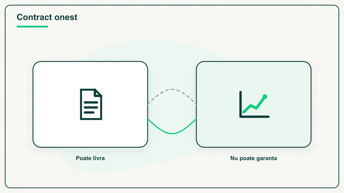 „Contract onest”: în stânga, un card alb cu document, sub el „Poate livra”; în dreapta, un card verde cu grafic ascendent, sub el „Nu poate garanta”