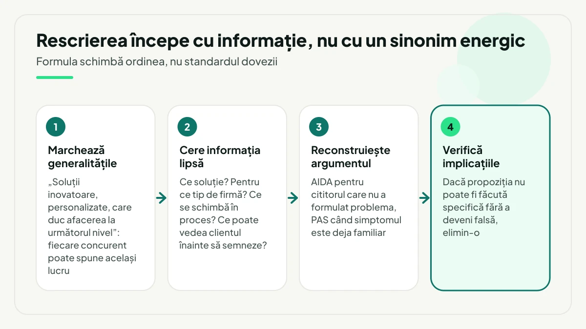 Patru treceri de rescriere, în ordine: marchezi generalitățile, ceri informația lipsă, reconstruiești argumentul cu AIDA sau PAS și verifici fiecare implicație, eliminând propozițiile care nu pot deveni specifice fără să devină false.