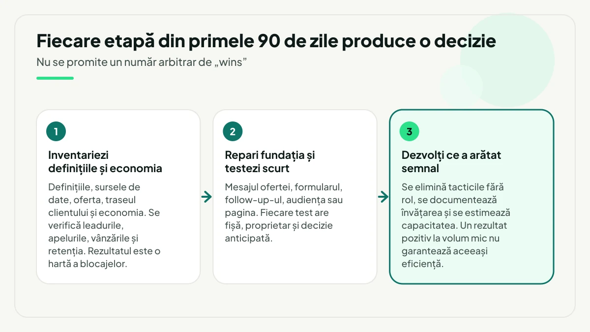 Trei etape ale primelor 90 de zile: inventarul definițiilor și al economiei, repararea fundației cu teste scurte până la semnal și dezvoltarea a ceea ce a arătat semnal, cu estimarea capacității de scalare.