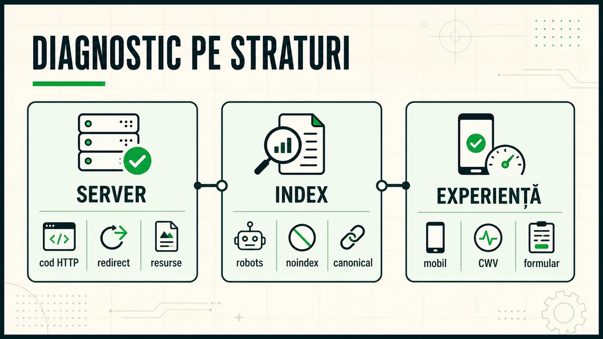 Diagnostic SEO tehnic împărțit între server, indexare și experiența utilizatorului