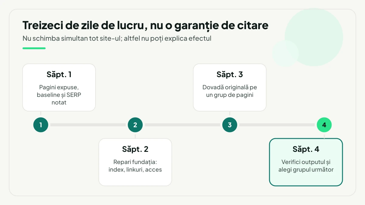 Plan pe patru săptămâni: identificarea paginilor expuse și salvarea baseline-ului, repararea fundației tehnice, îmbunătățirea unui grup de pagini și verificarea outputului înainte de grupul următor.