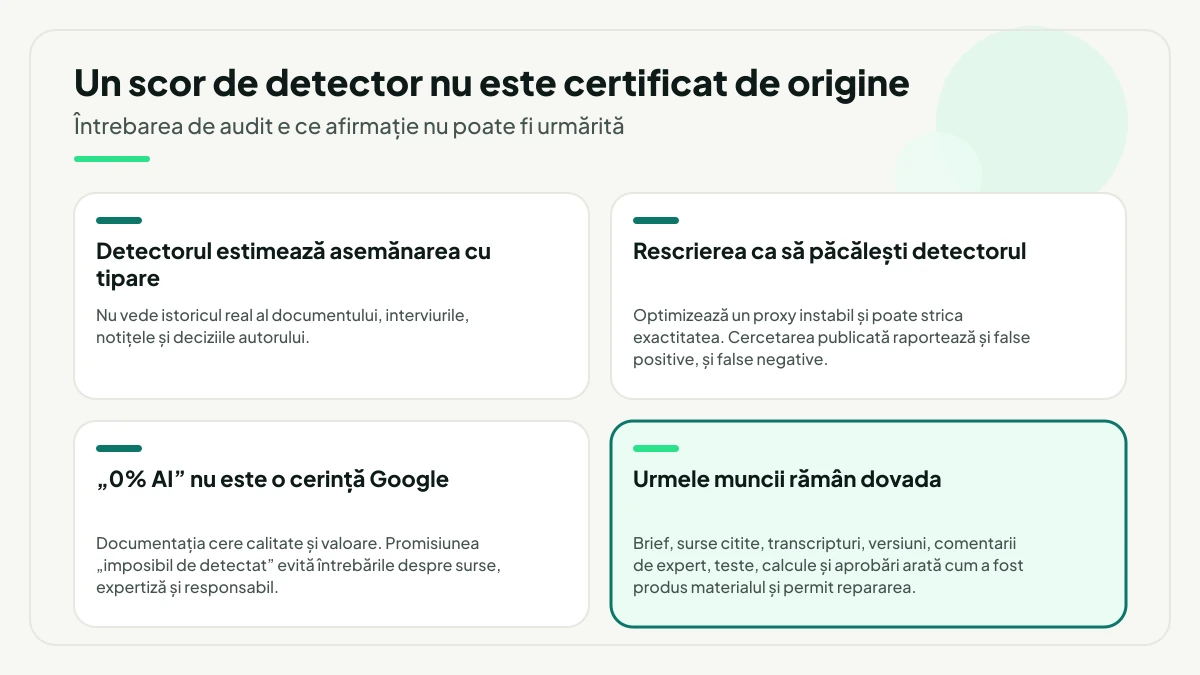Patru observații în paralel despre detectoarele de text AI: ce estimează scorul, ce riscă rescrierea, de ce „0% AI” nu este o cerință Google și, evidențiat, urmele muncii care rămân dovada.