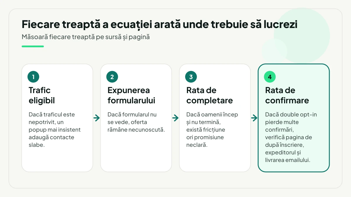 Cele patru trepte ale ecuației de creștere a listei, în ordine: trafic eligibil, expunerea formularului, rata de completare și rata de confirmare, fiecare cu problema care apare acolo.