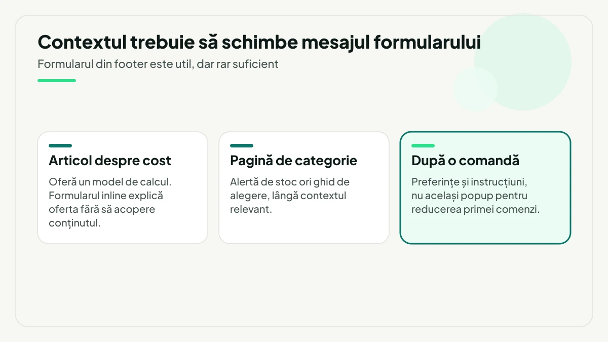 Trei contexte și oferta potrivită fiecăruia: model de calcul într-un articol despre cost, alertă de stoc sau ghid de alegere pe pagina de categorie, preferințe și instrucțiuni după comandă.