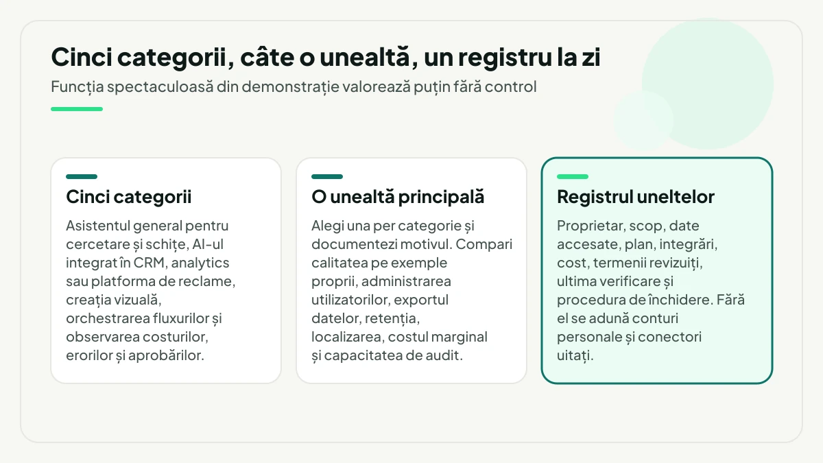 Trei elemente ale unei stive AI mici: cele cinci categorii de unelte, alegerea unei singure unelte principale pe categorie și, evidențiat, registrul cu proprietar, scop, date accesate, cost și procedură de închidere.