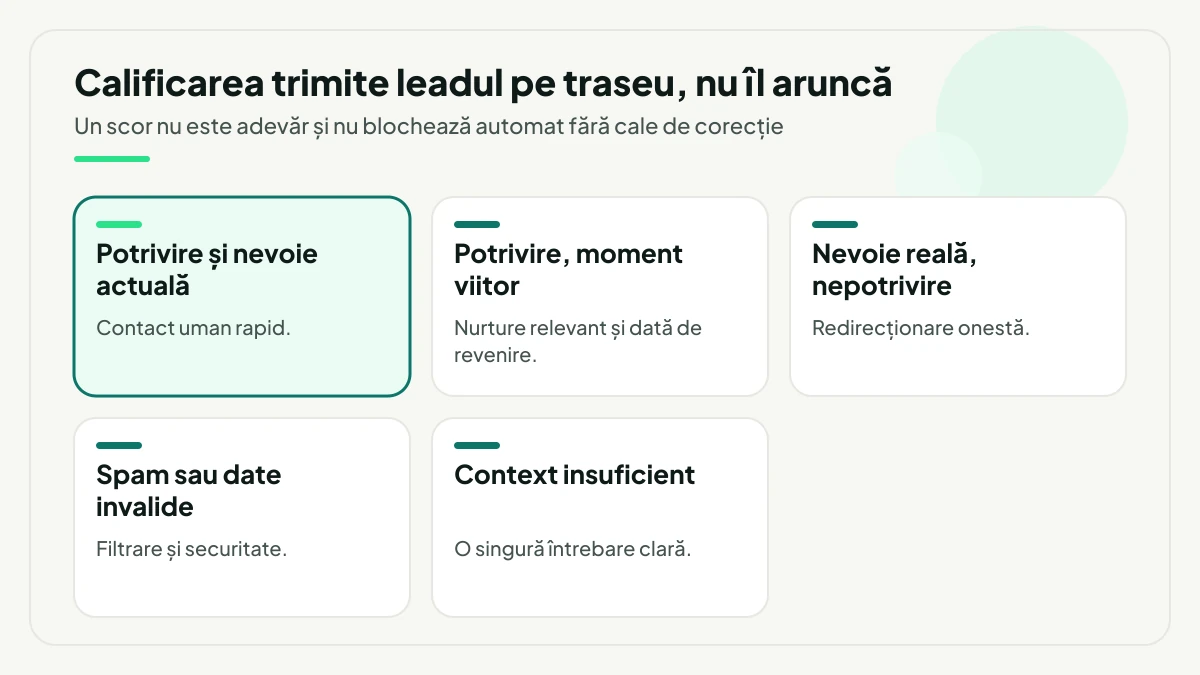 Cele cinci trasee de calificare a leadurilor: potrivire cu nevoie actuală, evidențiată, pentru contact uman rapid, potrivire cu moment viitor, nevoie reală dar nepotrivire, spam sau date invalide și context insuficient.