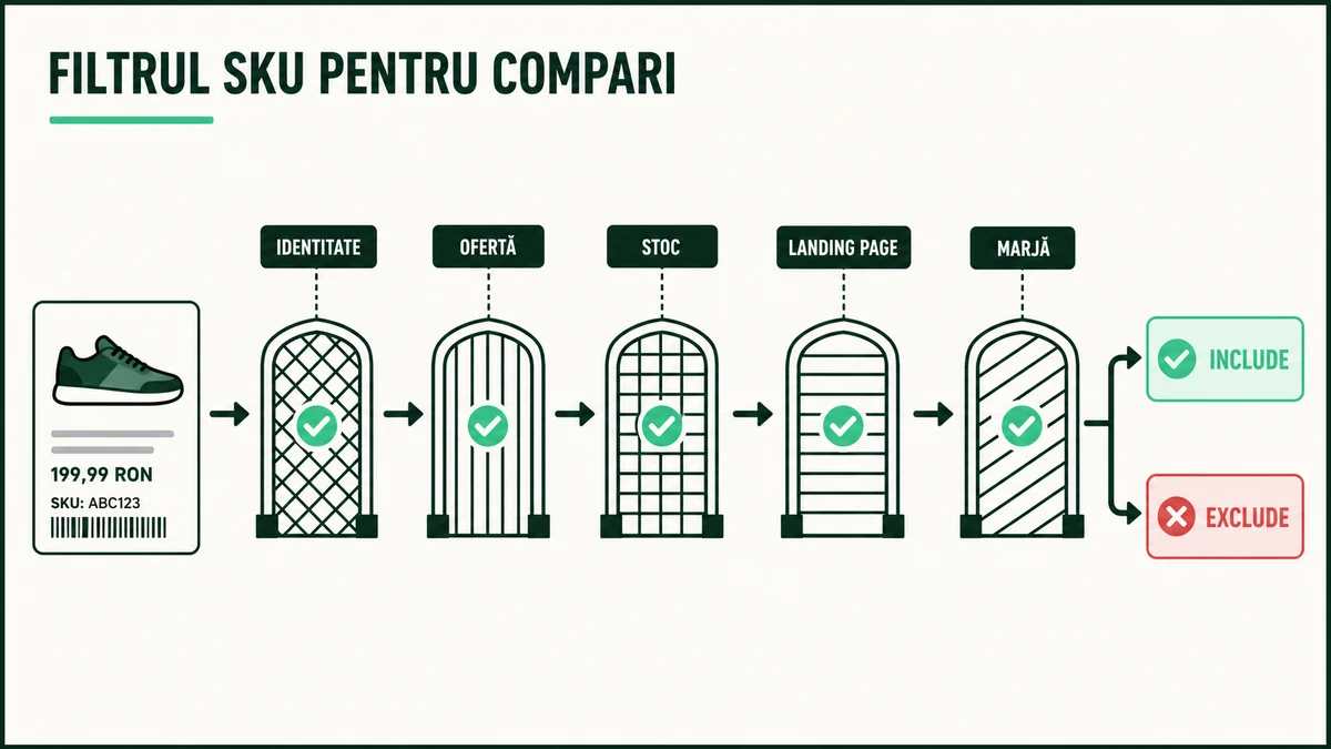 Filtru de selecție pentru SKU-uri bazat pe identitate, marjă, stoc, livrare și pagina de destinație