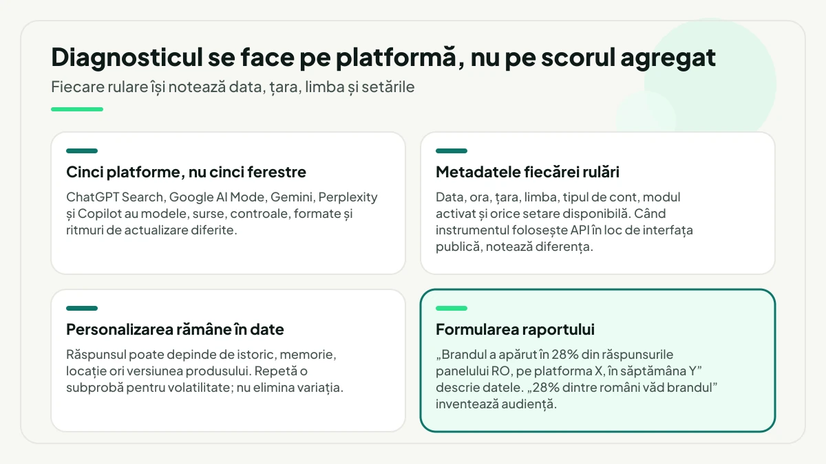 Patru cerințe pentru rularea panelului pe fiecare platformă: cele cinci sisteme nu sunt ferestre către același index, metadatele fiecărei rulări, personalizarea care rămâne în date și, evidențiat, formularea raportului care descrie datele fără să inventeze audiență.