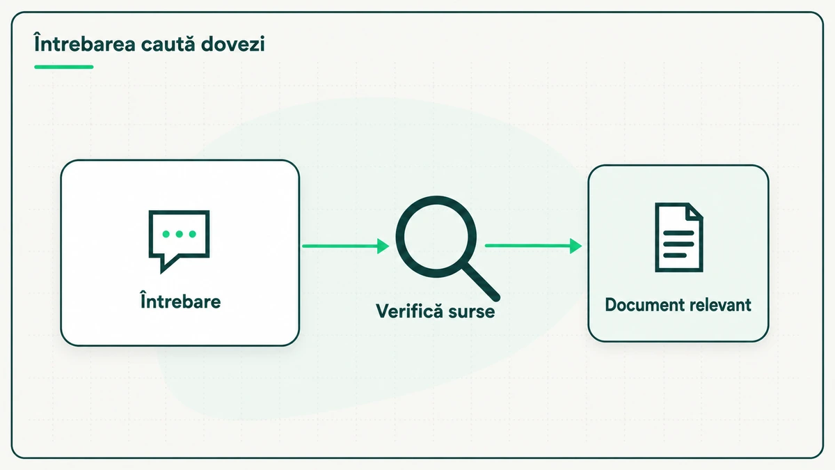 „Întrebarea caută dovezi”: caseta „Întrebare”, săgeată verde spre o lupă mare cu „Verifică surse”, apoi altă săgeată spre caseta „Document relevant”