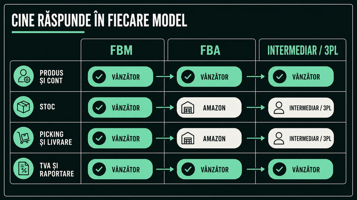 Matrice operațională care separă responsabilitățile sellerului, Amazon FBA și intermediarului logistic