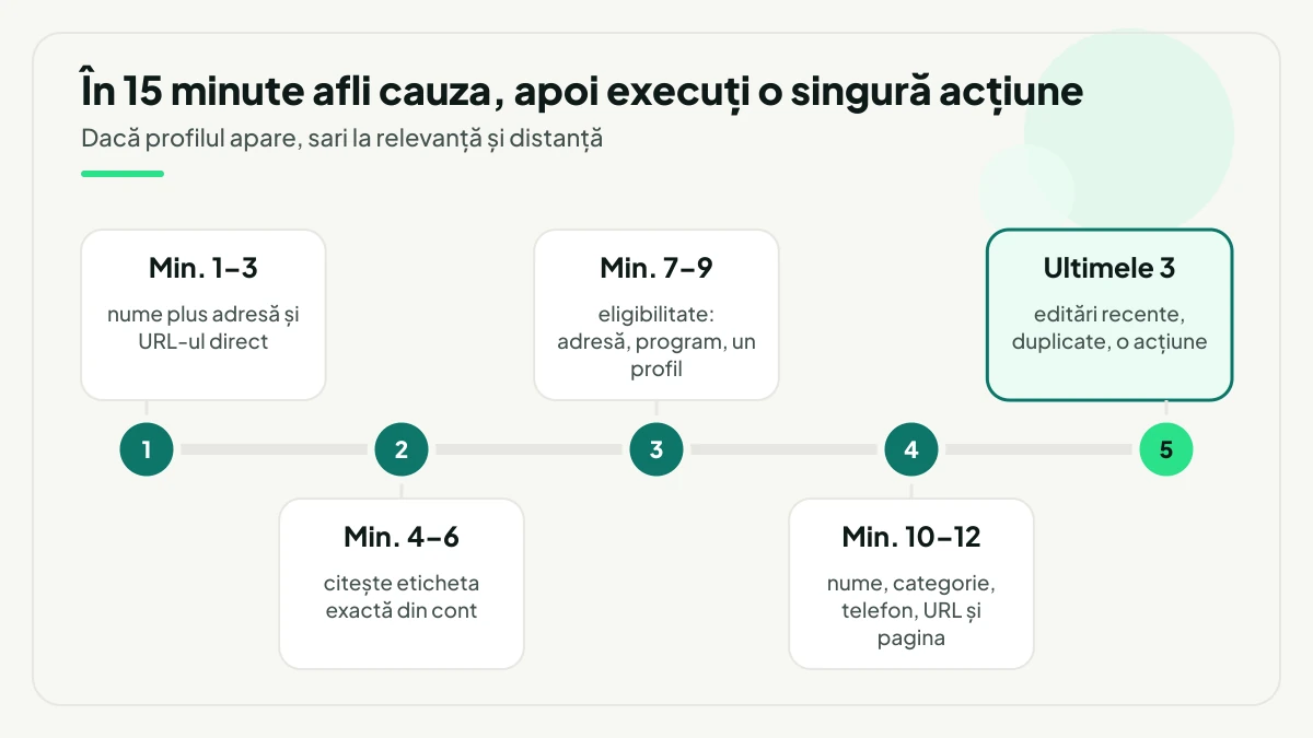 Cronologie de 15 minute pentru diagnostic: minutele 1–3 caută numele, adresa și URL-ul direct, 4–6 citesc eticheta exactă din cont, 7–9 verifică eligibilitatea, 10–12 compară numele, categoria, telefonul și pagina, iar ultimele trei notează editările recente, duplicatele și acțiunea unică.