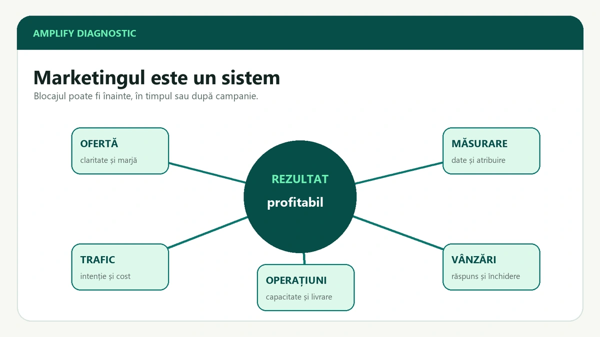 Diagramă cu cercul „rezultat profitabil” în mijloc și cinci zone conectate la el: ofertă, trafic, operațiuni, vânzări și măsurare, fiecare cu câte două repere de verificat.