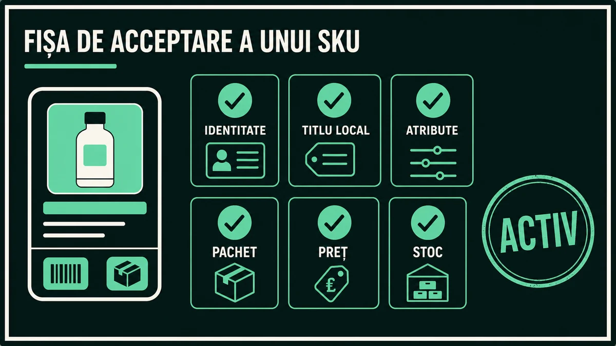 Fișă de produs cu verificări pentru identitate, titlu local, atribute, pachet, preț și stoc
