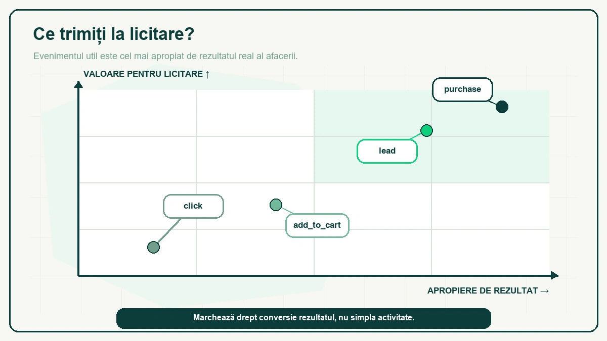 „Ce trimiți la licitație?" — patru puncte plasate pe axele „valoare pentru licitare" și „apropiere de rezultat": click și add_to_cart jos-stânga, lead la mijloc, purchase sus-dreapta.