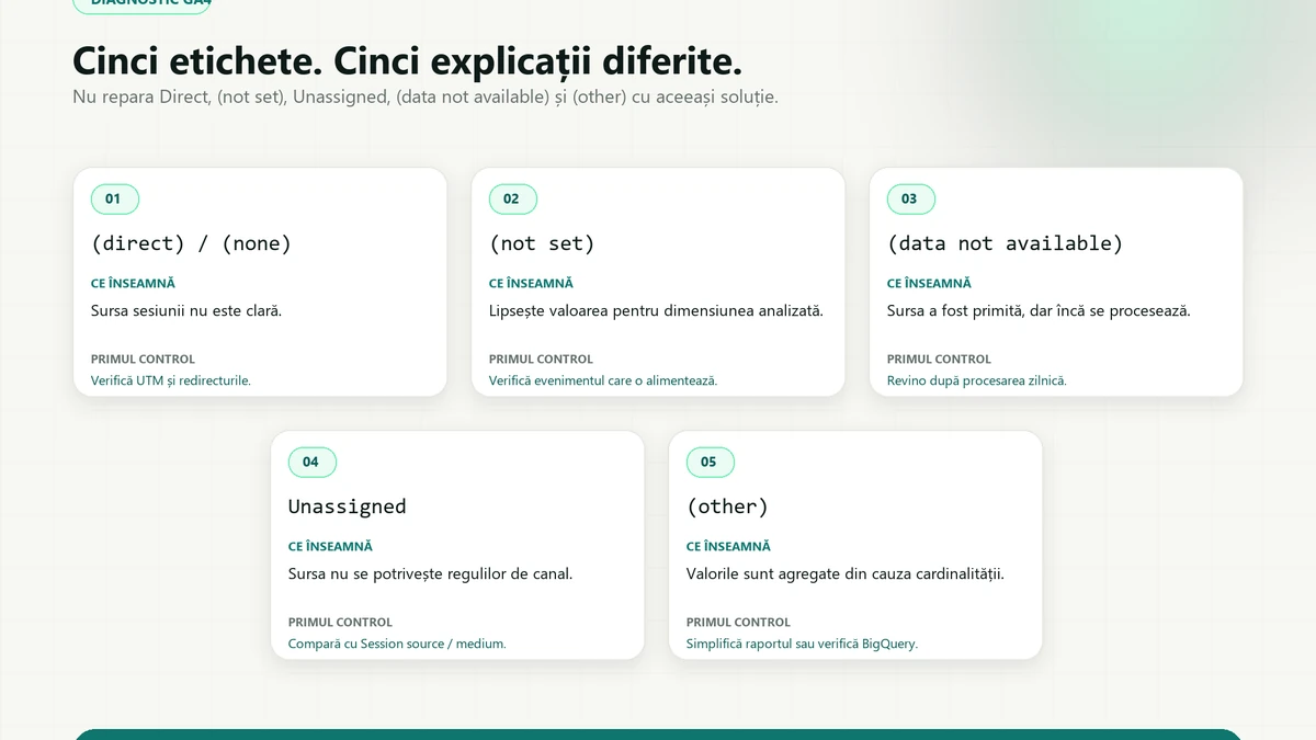 Cinci fișe pentru etichetele din GA4 — (direct) / (none), (not set), (data not available), Unassigned și (other) — fiecare cu ce înseamnă eticheta și primul control de făcut.
