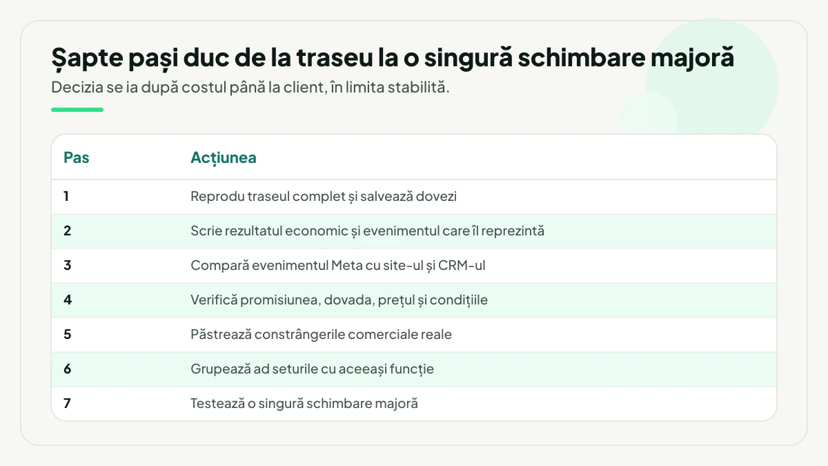 Protocolul de remediere în șapte pași, de la reproducerea traseului și repararea evenimentului până la o singură schimbare majoră testată.