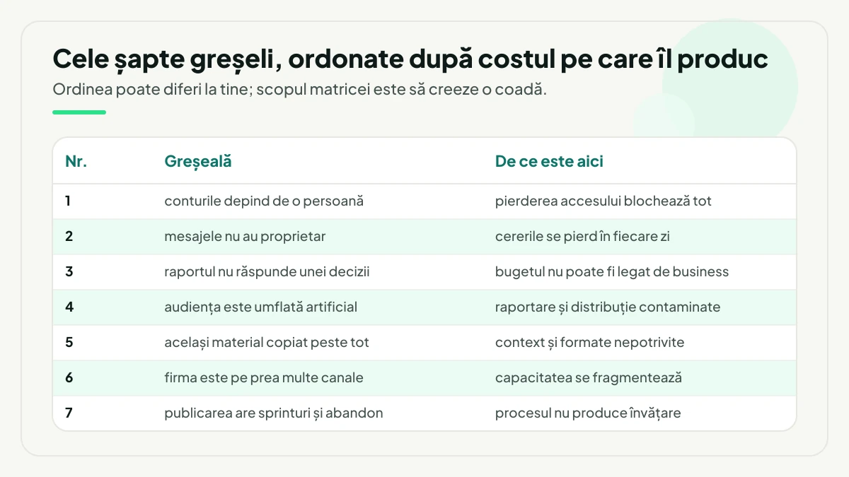 Cele șapte greșeli social media ordonate după cost, de la conturile care depind de o persoană până la publicarea în sprinturi urmate de abandon, fiecare cu motivul poziției în coadă.