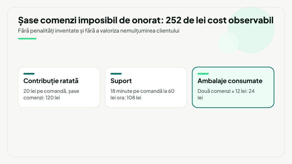 Cele trei componente ale celor 252 de lei cost observabil produs de șase comenzi imposibil de onorat