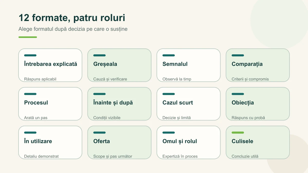 Bibliotecă de 12 formate organizate după rolul în decizia clientului