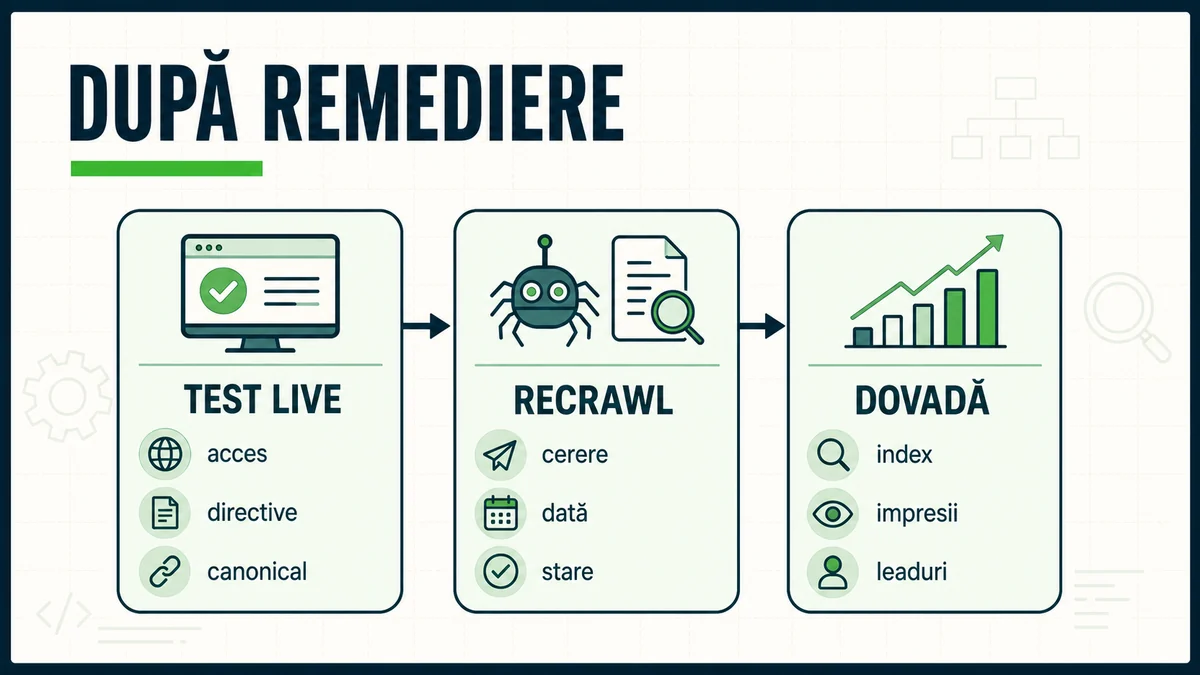 Flux după remediere cu test live recrawl și dovada prin index impresii și leaduri