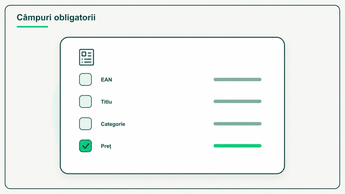Câmpuri obligatorii: patru rânduri cu casetă de bifat — „EAN”, „Titlu” și „Categorie” rămân nebifate și gri, doar „Preț” are bifă verde și linia colorată