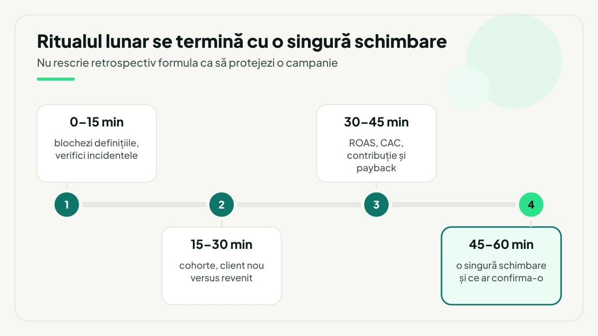 Ritualul lunar de 60 de minute pe patru intervale: definiții blocate și incidente verificate, cohorte și clienți noi față de revenit, comparația dintre ROAS, CAC, contribuție și payback, apoi o singură schimbare decisă.