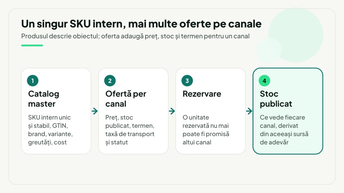 Traseul de la catalogul master la stocul publicat, prin oferta per canal și rezervare