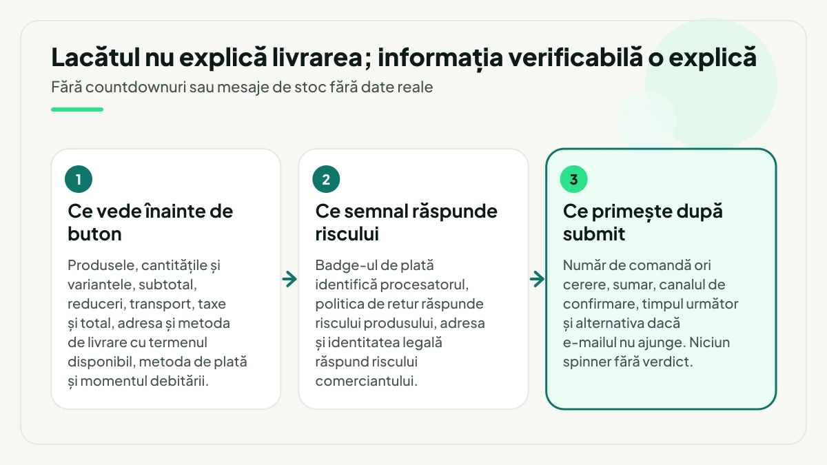 Trei momente de încredere în jurul butonului final: ce vede clientul înainte de buton, ce semnal răspunde fiecărui risc și ce primește după submit.
