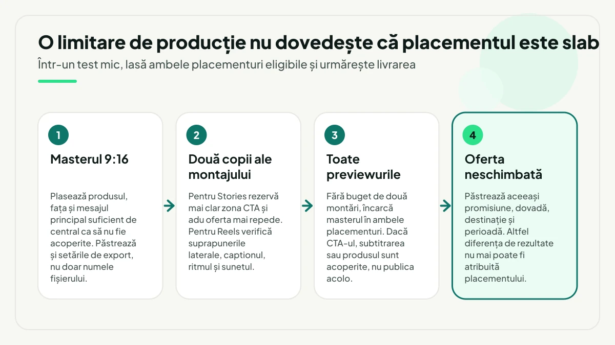 Patru pași pentru situația în care ai un singur video: masterul 9:16 cu elementele centrale, două copii ale montajului adaptate pentru Stories și Reels, verificarea tuturor previewurilor și păstrarea aceleiași oferte între variante.
