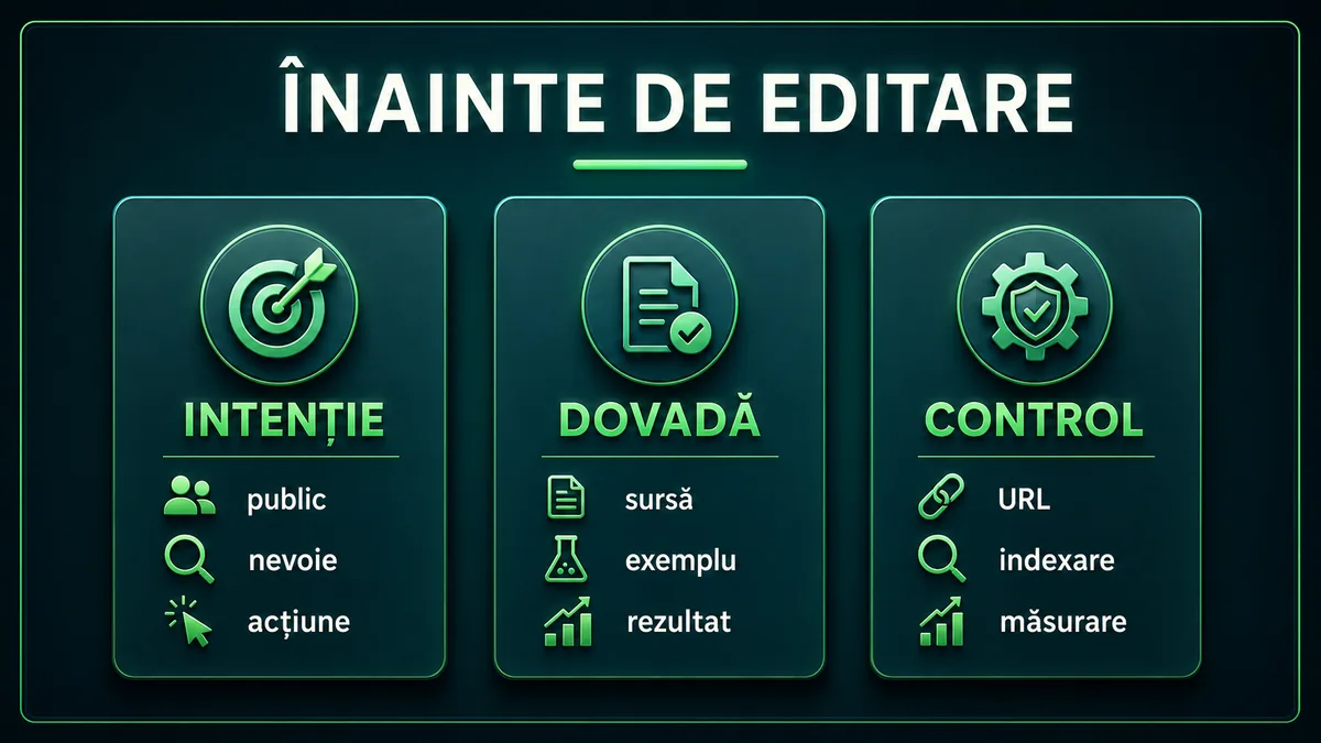 Trei carduri de pregătire SEO on-page pentru intenție, dovadă și control tehnic