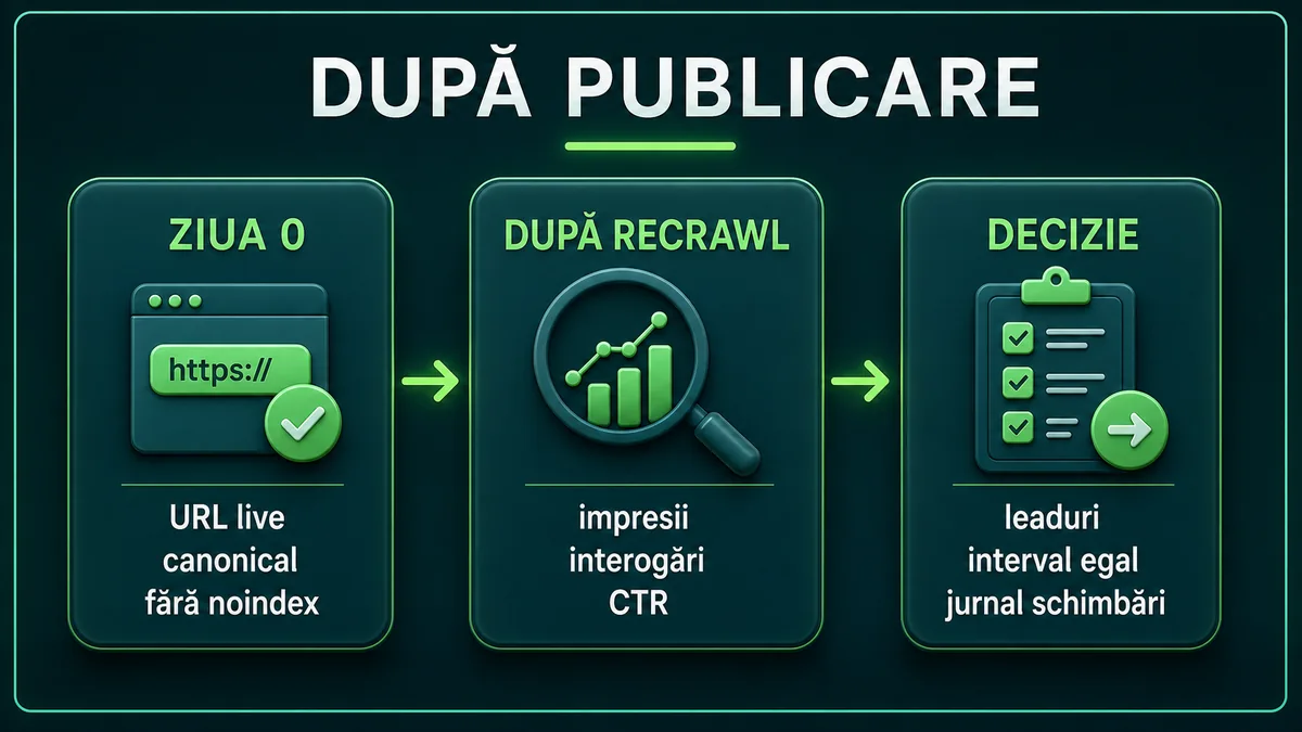 Flux de măsurare SEO după publicare: ziua zero, recrawl și decizie