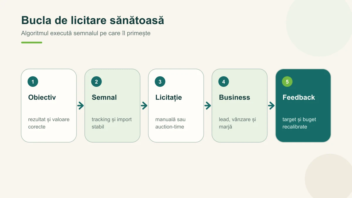 Ciclul Smart Bidding: obiectiv, semnal, licitație, rezultat și feedback comercial