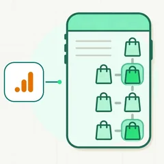 Un site cu pictogramă de țintă trimite aceeași linie verde către două rapoarte — un grafic cu bare și o curbă ascendentă — fiecare însoțit de propriul ceas